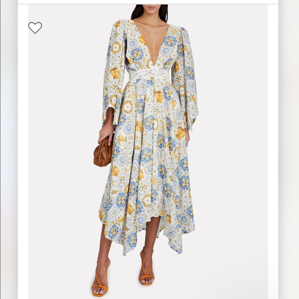 AZULU Tortugas Asymmetric Lemon  Print Midi Dress Small